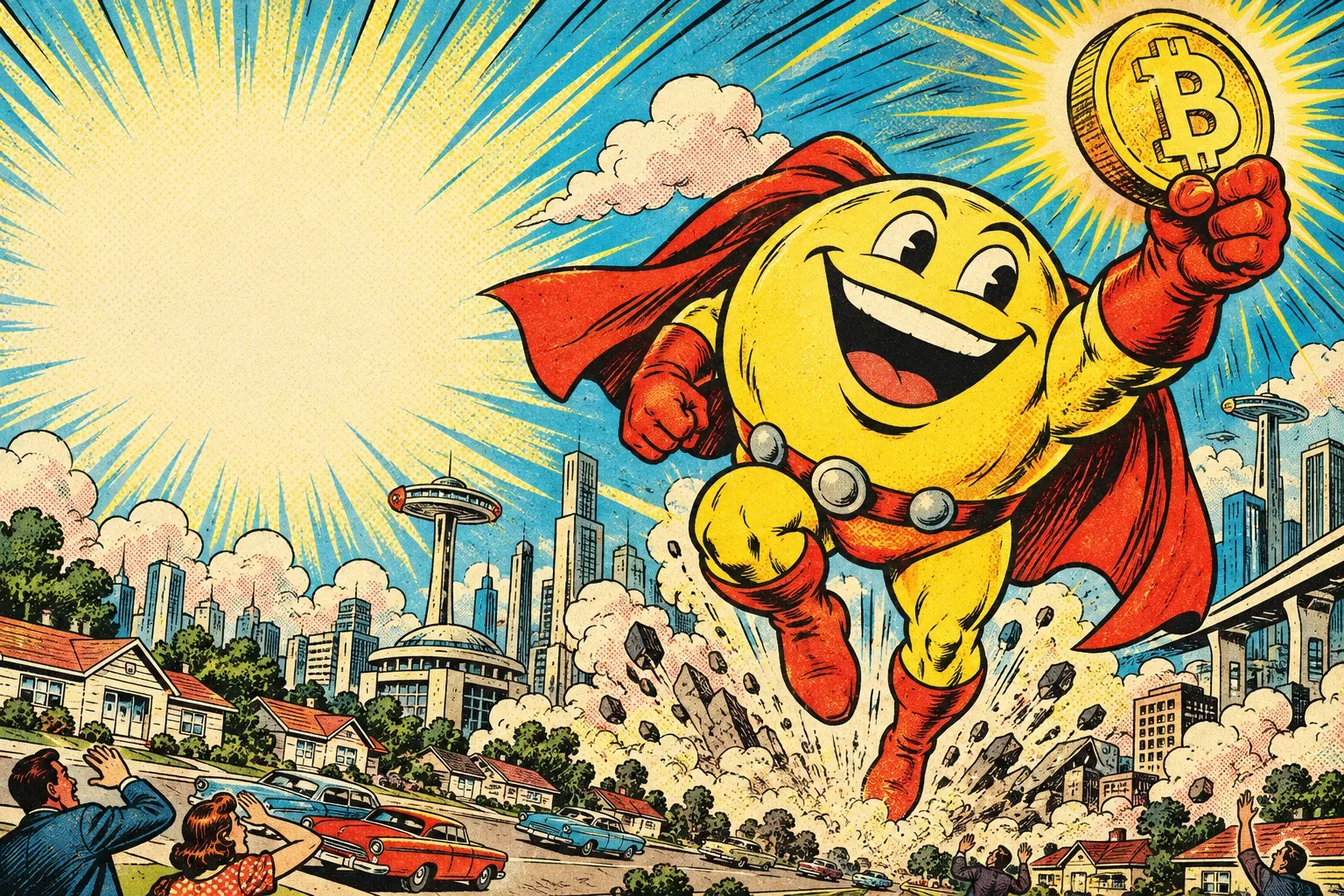 Retro comic superhero mascot bursting over a futuristic city
